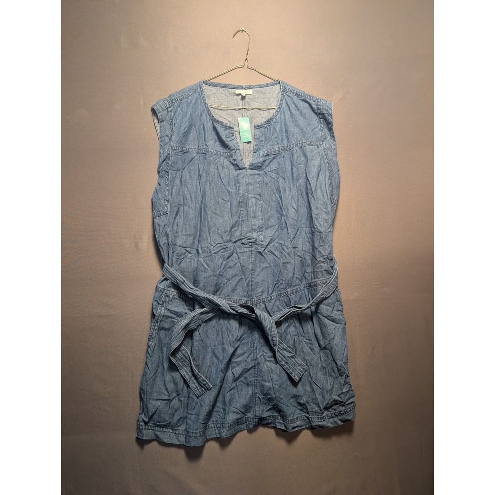 Maurices A-Line Dress Womens XL Blue Denim Split Neck Tie Waist Sleeveless
